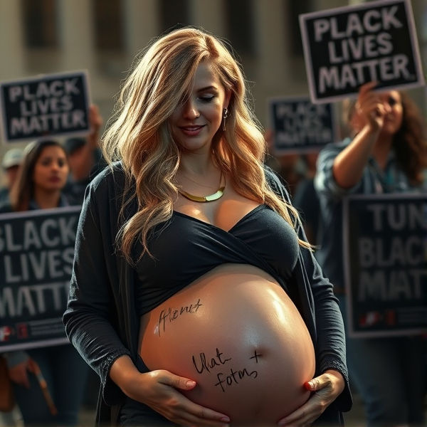 Pregnant blonde woman at a  black lives matter protest