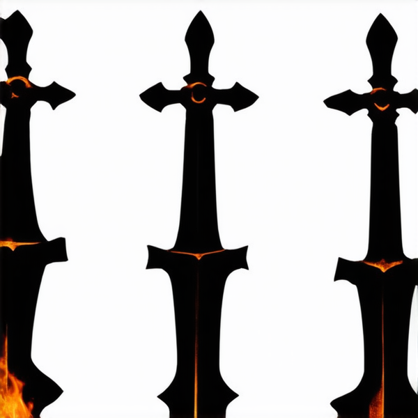 Trois épées croisées en leur centre. L'épée du milieu représentant le feu est placée verticalement. L'épée de gauche représente la terre de manière féminine, elle est placée avec un angle 315 degrés par rapport à l'épée verticale. L'épée de droite représente le vent de manière masculine et est placée 45 degrés de l'épée verticale. Les épées sont de style médiéval européen et ont leur pommeau vers le haut