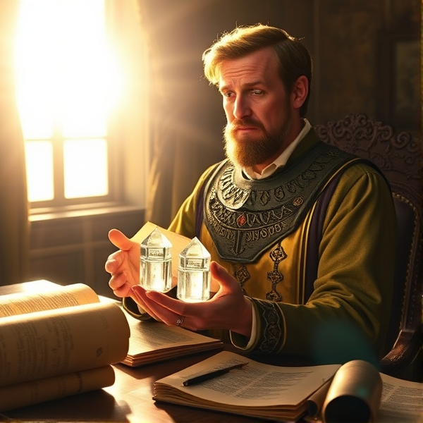 Joseph Smith is shown at a desk with ancient-looking manuscripts. In his hands, he holds the Urim and Thummim —depicted as a pair of clear stones set in a breastplate, glowing softly—emphasizing their role in the translation process.