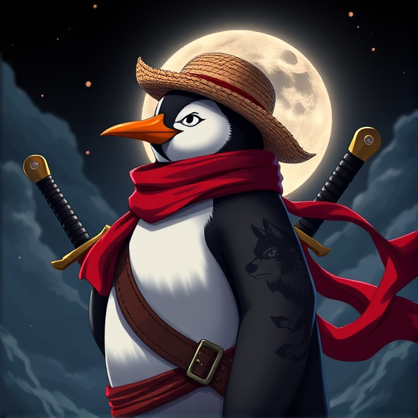 Pingouin maitre de l'éclipse lunaire et avec un écharpe rouge autours du cou et avec deux épées dans le dos et avec une tenue de pirate et avec un tatoo en forme de loup tribal sur le bras et avec le chapeaux de paille de luffy