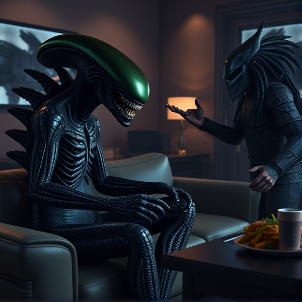 A meticulously detailed depiction of a Xenomorph deeply engrossed in the immersive gameplay of 'Alien: Isolation' on a PlayStation 4, its attention riveted to the screen with an expression of intense concentration. The alien creature is seated on a sleek, futuristic couch tailored for its unique anatomy. Adjacent to this scene, a Predator stands with a posture exuding confidence, making strategic hand signals that suggest tactical advice and moral support to its extraterrestrial companion. The room's ambiance is set with subtle, dim lighting to complement the focused gaming environment, mirroring a high-tech gamer's den with intricate design elements that reflect both Xenomorph and Predator cultures. This includes themed furniture and decorations that create an authentic otherworldly atmosphere appropriate for these iconic species. Meanwhile, the meal being consumed during this intense gaming session adds an ordinary human touch to the extraordinary setting.