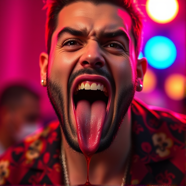 Generate a flamboyant man drooling towards the viewer