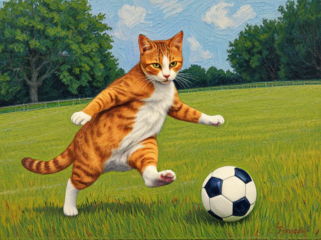 Painting of a cat playing soccer in the style of van Gogh
