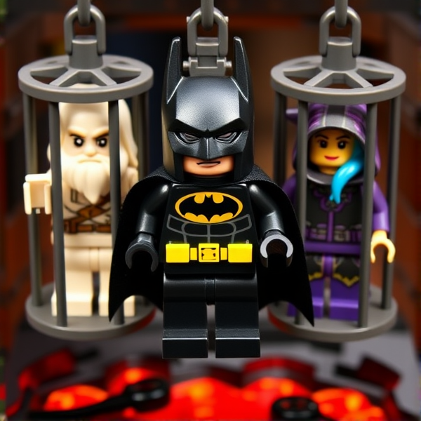 Lego Batman posed heroically inside a miniature Lego cage with his classic black and yellow Batsuit, yellow utility belt detailed and bat emblem sharp, a look of determination on his tiny plastic face. Gandalf the Grey from Lego stands in an adjacent cage, his white robes easily recognizable, his wise eyes peeking through his bushy white beard, a miniature staff clutched in his hand. Wyldstyle is trapped in the third cage, her colorful streaks of blue and pink hair visible even from behind bars, wearing her signature hooded outfit with detailed patterns. The cages are suspended over a simulated molten lava pit, adding an element of danger to the scene. Each character displays their own unique brand of resilience despite the captivity situation