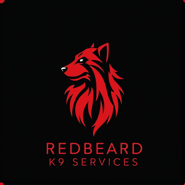 Create a professional and dynamic logo for "Redbeard K9 Services" that combines a stylized, majestic red beard with the silhouette of a noble, strong, and loyal dog. The design should convey power and faithfulness, appropriate for a company's branding and corporate identity. The logo must feature a rich red color scheme for the beard with black and white elements to ensure contrast and visual impact. The company name should be displayed in a bold, authoritative yet welcoming font below the image.