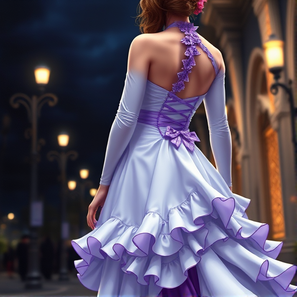 a one-shoulder white dress, with lavender details and frills. It has one long white sleeves reaching the wrists, and the bottom half of the dress was layered with purple underskirts. The dress had a sweetheart neckline, adding a touch of elegance to the overall look
