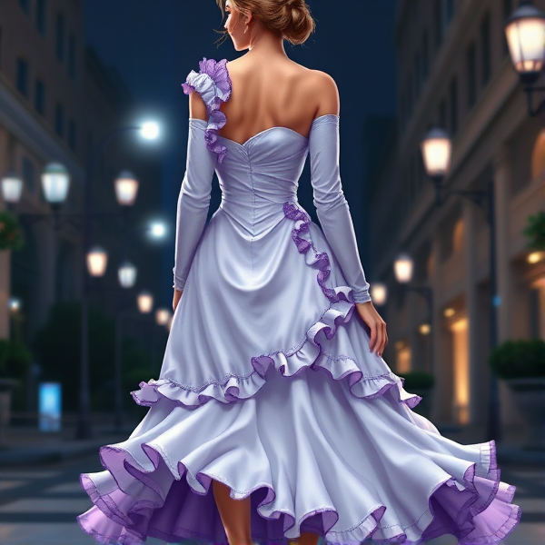 a one-shoulder white dress, with lavender details and frills. It has one long white sleeves reaching the wrists, and the bottom half of the dress was layered with purple underskirts. The dress had a sweetheart neckline, adding a touch of elegance to the overall look