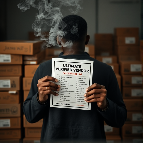 Black guy smoking and holding a list that says ultimate verified vendor list . Boxes in back ground
