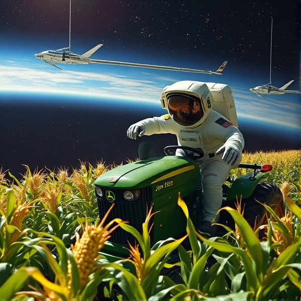 Astronaut harvesting corn with a John Deere in outer space