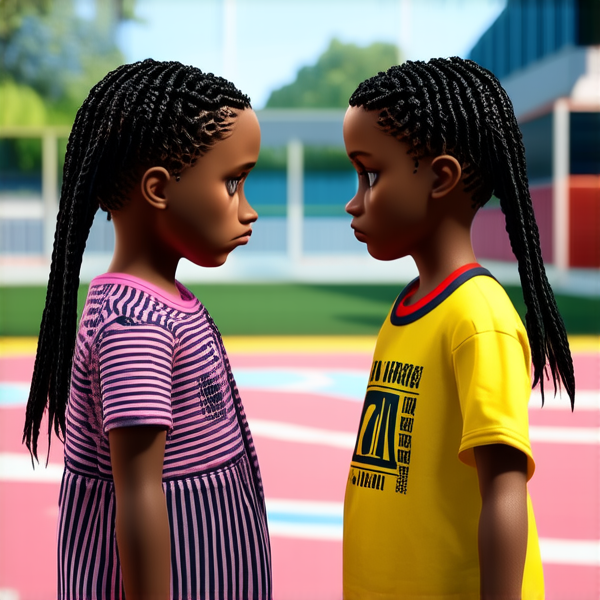 deux jeunes filles de huit ans portant des tresses africaines noires se tenant face à face dans une cour d'école, les yeux humides de larmes et l'air bouleversé alors qu'elles sont en pleine dispute