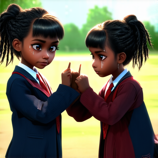 deux jeune fille de huit ans avec des tresses africaines noires, les yeux embués de larmes,  vêtue d'une uniforme scolaire qui se battent dans une cour d'école