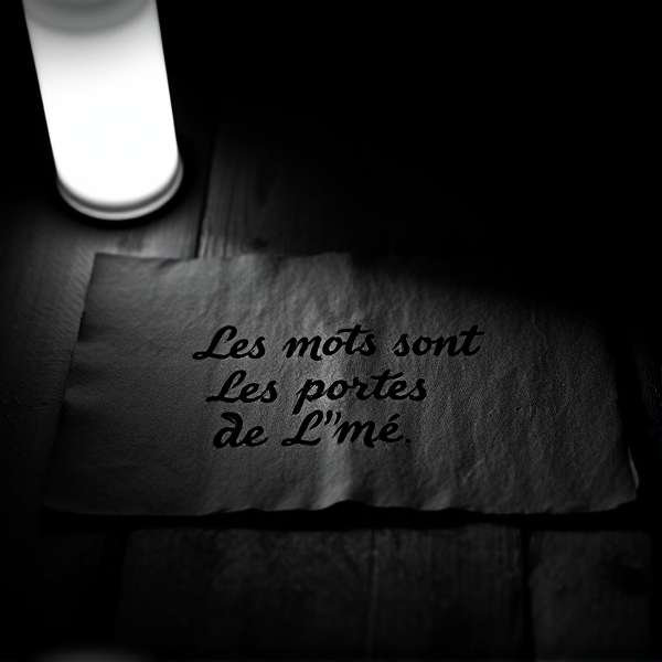 Une feuille épaisse et texturée de couleur sombre repose sur une table en bois ancienne, mise en valeur par un éclairage dramatique d'une lumière blanche provenant du côté, créant un jeu d'ombre et de lumière contrasté. Les mots délicatement inscrits sur la feuille avec une écriture cursive élégante et fine sont illuminés par cette lumière, ressortant clairement contre l'obscurité ambiante. L'ambiance générale de l'image est intime et chaleureuse, malgré le choix du noir et blanc qui renforce l'esthétique vintage et le sentiment de nostalgie. La phrase est " LES MOTS SONT LES PORTES DE L'ÂME"