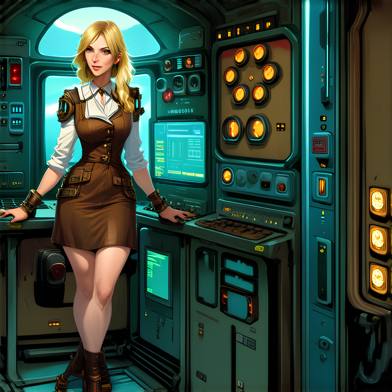 beatiful women, blonde, steampunk happy Funny cartoonish at a complex nuclear control room, by Gediminas Pranckevicius H 704, machinarium style, intricate