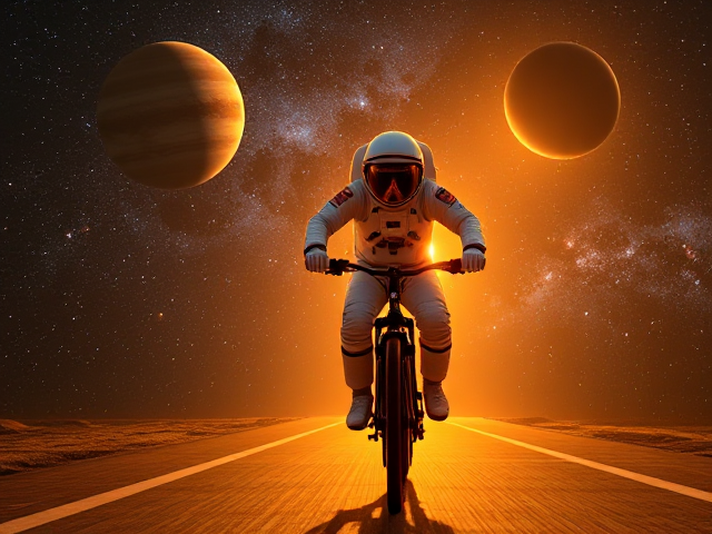 Een astronaut gekleed in een gedetailleerd, kleurrijk ruimtepak met reflecterende vizierhelm, peddelend op een futuristische fiets uitgerust met raketmotoren en glinsterende lichten, navigeert door het oneindige universum. Onder hem is een levendig nevelspoor dat de beweging van zijn fiets illustreert. Rondom zweven diverse planeten variërend van rotsachtige aardachtige werelden tot gigantische gasreuzen met ringen. Heldere sterren flitsen in de verte en vormen constellaties, terwijl kleurrijke sterrenstelsels en verre supernova's het kosmische panorama verrijken. Kleine asteroïden en kometen schieten voorbij terwijl hij zijn reis voortzet langs een baan die lijkt te buigen door de zwaartekracht van de massa's om hem heen.