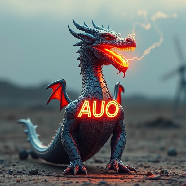 An intricately designed, streamlined dragon bearing the vivid acronym "AUO" on its chest in a radiant, luminous font that casts a fiery glow, emanating waves of intense energy. The dragon's scales are a masterpiece of detailed circuit patterns that shimmer with a lifelike electrical pulse. From its nostrils, ethereal streams of digital smoke curl upwards, timed with the deep, resonant roars that showcase its electrified sharp fangs. As a respectful nod to tribute and unity, incorporate elements of the Ukrainian flag within the composition. This majestic creature resides in a desolate post-apocalyptic landscape that accentuates its powerful presence.