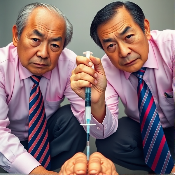 Deux hommes d'affaires japonais  entiers âgés sont accroupis. Ils portent des longues cravates soyeuses aux motifs de rayures bleues et rouges. Ils regardent droit dans l'objectif avec assurance, affichant des expressions graves.. Chacun appuie  fermement sur une seringue hypodermique  plantée dans ce qui semble être une tête hors champ. La prise de vue en contre-plongée accentue leur stature dominante et imposante. Leurs chemises sont d'une teinte subtilement rose, apportant un contraste raffiné à leur tenue formelle. Les sourcils froncés et le regard perçant donnent à leur apparence un air intimidant qui évoque une certaine froideur implacable. Ensemble, ils pressent la seringue avec force, suggérant une destruction métaphorique du "cerveau" auquel elle est appliquée
Cravates entièrement visible