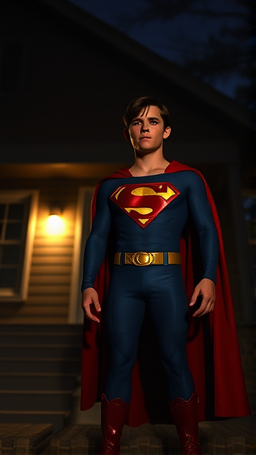 1990's Movie Scene: Jon Kent, AKA Superboy, the young little 12-year old super son of Superman, and the first kid to be born as the world's first Half-Kryptonian child, with an extremely muscular body, the iconic costume, the singular curled bang sticking out at the front of his flat and smooth hair, and a long cape, standing in an abandoned house at night, looking for clues to the mystery he is trying to solve.