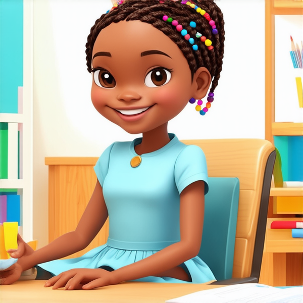 Jeune fille africaine de 8 ans vêtue d'une robe bleu ciel, coiffée de tresses africaines complexes avec des perles colorées, affichant un large sourire éclatant, assise sur une chaise d'écolier face à un bureau en bois clair, dans une salle de classe ensoleillée et bien éclairée, avec des fournitures scolaires et des dessins d'enfants visibles en arrière-plan avec un enseignant