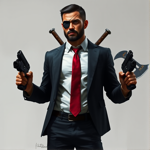 A meticulously crafted full-body portrait of John Abraham Marston, the archetypal tough male agent with cropped jet-black hair and a well-groomed beard that emphasizes his grit. His left eye is concealed behind an eyepatch, beneath which lies a striking scar -- a testament to his past battles and the blindness he's endured. He stands with a demeanor that radiates sophistication, clad in a pristine white button-up shirt smartly tucked into impeccably tailored black slacks, secured by polished leather suspenders. A splash of color emanates from his vibrant red necktie. His attire is finished with a custom-tailored black blazer, subtly reinforced with Kevlar lining for protection, subtly suggesting the perilous nature of his profession. On his feet are glossy, well-polished dress shoes that reflect the gravity of his role. Ready for action, John is equipped with Desert Eagle handguns featuring non-reflective black finishes and specially modified green laser sights for pinpoint accuracy. Crossed over his back in an 'X' pattern are his trusty melee weapons: a sharp katana and a heavy-duty fireman's axe, denoting his preparedness for close-quarters combat. These attributes affirm his commitment to "the agency," an enigmatic entity where he maneuvers through the underbelly of society; yet he grapples quietly with alcohol dependency as a coping mechanism for post-traumatic stress disorder.