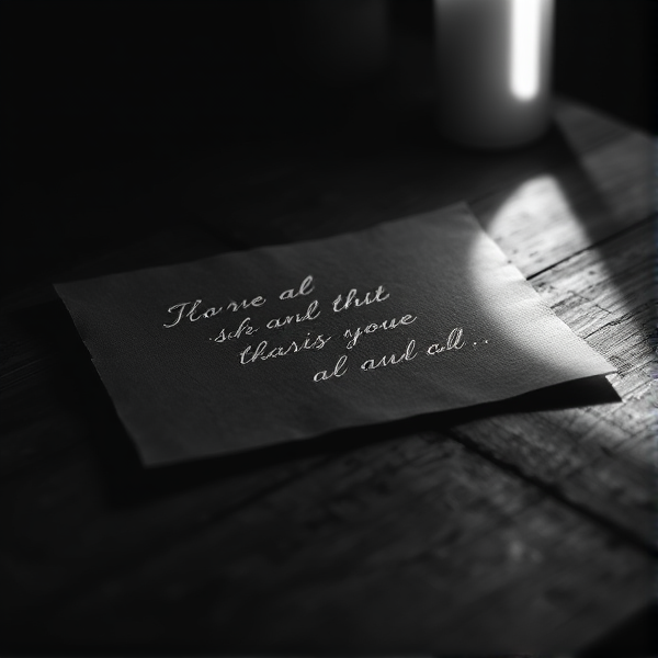 Une feuille épaisse et texturée de couleur sombre repose sur une table en bois ancienne, mise en valeur par un éclairage dramatique d'une lumière blanche provenant du côté, créant un jeu d'ombre et de lumière contrasté. Les mots délicatement inscrits sur la feuille avec une écriture cursive élégante et fine sont illuminés par cette lumière, ressortant clairement contre l'obscurité ambiante. L'ambiance générale de l'image est intime et chaleureuse, malgré le choix du noir et blanc qui renforce l'esthétique vintage et le sentiment de nostalgie.