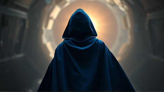 Back angled view of a little boy disguised and transformed into a mysterious blackened and shadowy figure with superpowers wreathed in a big blue hooded cape, calling himself the Chosen One, only being seen by his hooded and caped backside, flying through an interdimensional vortex, on his way back to Earth so he can confront the villain responsible for banishing him.