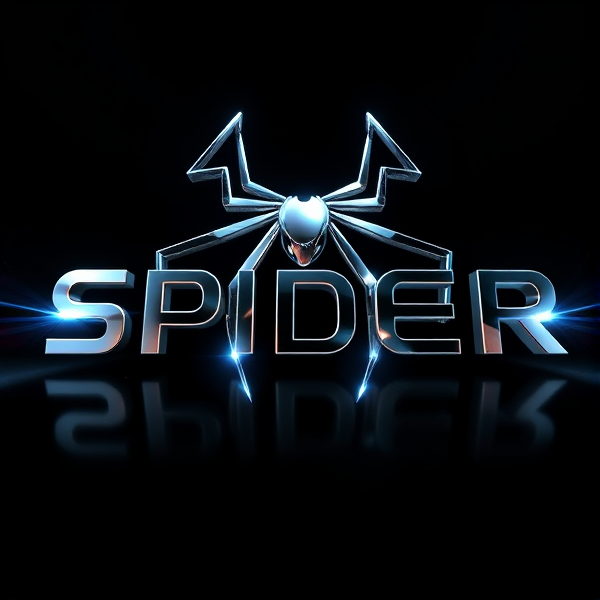 Create a visually arresting 3D logo for "SPIDER" that exudes ultra-modern, sleek design elements with bold sans-serif typography which dynamically bursts forth from a pitch-black background. Infuse the artwork with electrifying light beams inspired by the Capcut app icon's luminosity, casting profound shadows and creating striking highlights across the logo's contours. Incorporate a fusion of cutting-edge curves, crisp edges, and fluid lines to convey both rapidity and elegance. The logo should be enveloped in a metallic skin exhibiting a lustrous, mirror-like finish to dramatically bounce off light, imbuing it with an essence of vigorous motion. Draw upon Pixar's hallmark of incisive imagery and pronounced geometric shapes, injecting the tableau with a lively color spectrum and polished surfaces for additional depth. Utilize rendering techniques paralleling Unreal Engine's hyper-realism and Octane Renderer's ray tracing capabilities to achieve mesmerizing reflections, alongside V-Ray's sophisticated lighting effects to accentuate the mood. Strive for an overwhelmingly surreal visual spectacle that flirts with sci-fi elements, deliberately exaggerating every aspect for maximal impact. This creation ought to be perceived as audaciously lavish, overtly eschewing any inclination towards subtlety or minimalism.