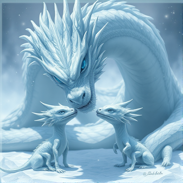 A handsome, kind, father Ice Dragon feeding his two little Ice dragon babies