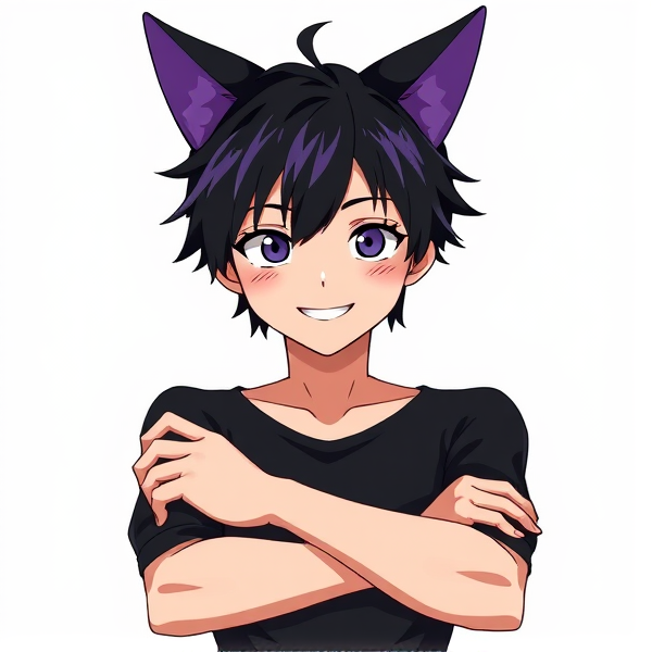 My hero academia oc. Arms crossed. Cat ears black with purple tips. Black hair. With purple streaks. Male. Happy.  Full body reference sheet.