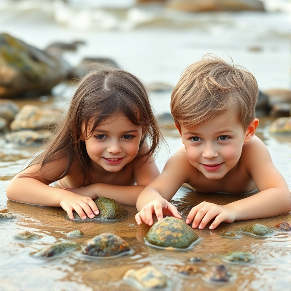 Two children Annabella aged 6 and Jake aged 9 both have brown hair and brown eyes and light olive colour skin with their father who is grey hair exploring rock pools at the beach