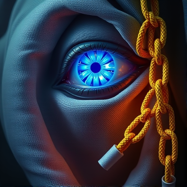 A Cloth with a single glowing blue eye with lightning and a yellow chain