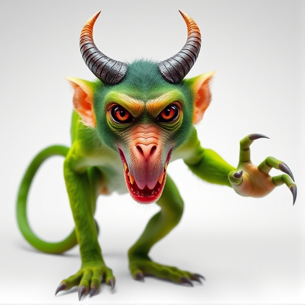 A vivid green monkey with elongated, sharp fangs and a striking pink snout. Its prehensile tail ends in a unique hand-like appendage. Two imposing horns protrude from its head, and its piercing red eyes gleam with intelligence