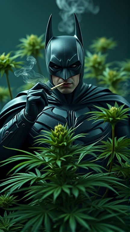 Batman fume un joint assi sur un plante de cannabis