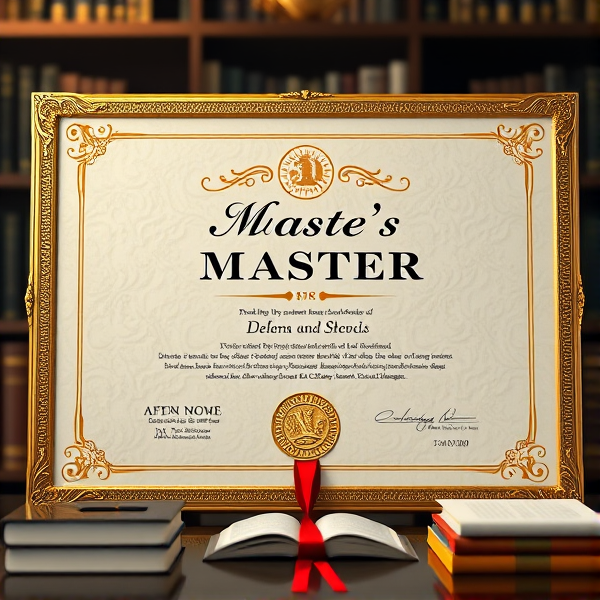 Prompt: Diplôme de Master élégant avec des bordures dorées sophistiquées, un sceau officiel en relief, une typographie classique et claire sur un fond en parchemin texturé, le tout présenté dans un cadre académique avec des livres et des symboles éducatifs