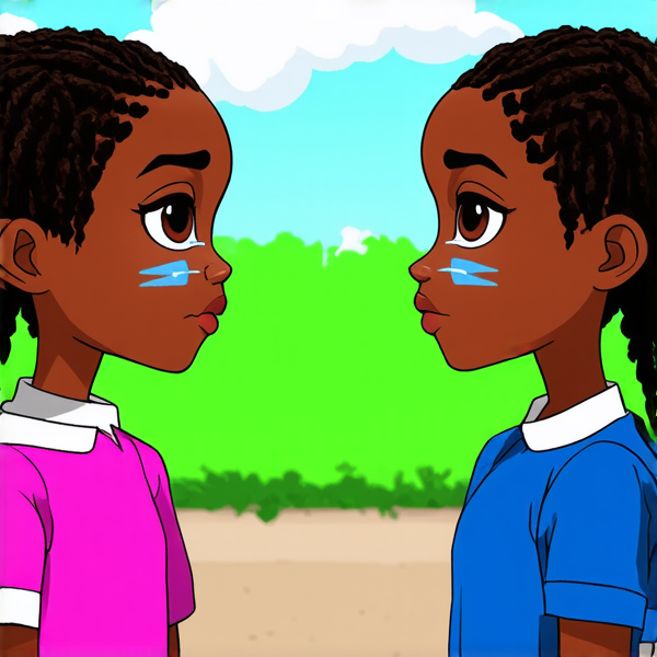 deux jeunes filles de huit ans portant des tresses africaines noires se tenant face à face dans une cour d'école, les yeux humides de larmes et l'air bouleversé alors qu'elles sont en pleine dispute