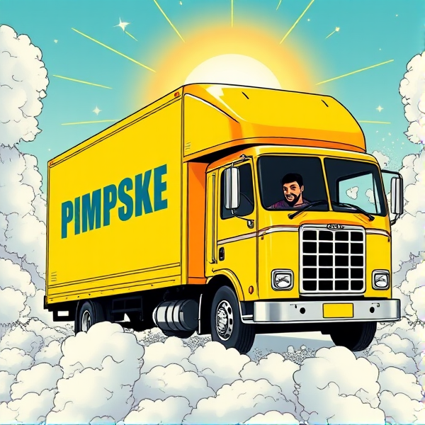 In heaven, all yellow moving truck that says the word "PIMPSKE" ON THE SIDE of trailer, black driver waving out window, truck is driving into heaven
