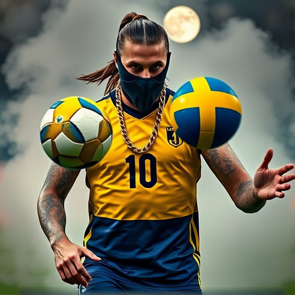 Zlatan Ibrahimovic en action agressive sur un terrain de football, portant un masque de ski intimidant et une chaîne en or épaisse avec un anneau imposant, entouré d'une fumée mystérieuse s'échappant en arrière-plan créant une atmosphère dramatique. Il jongle avec un ballon de football personnalisé aux couleurs de la Suède, numéro 10 visible, tout en portant un gilet soccer bleu et jaune vibrant aux couleurs de l'équipe nationale suédoise, reflétant sa fierté nationale. L'accent est mis sur sa posture dominante et son regard fixe qui transmettent son esprit compétitif.tatoo sur les bras , fusil dans les yeux , pleine lune