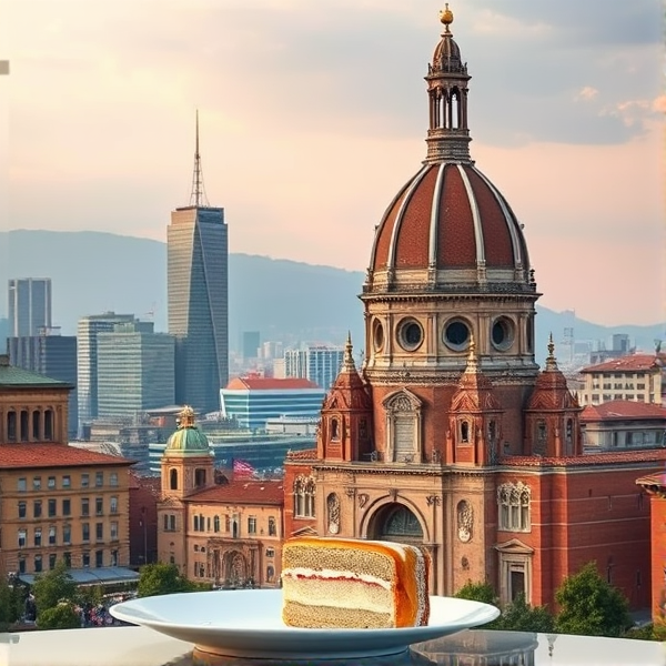 Bologna thick  cut on royal Albert china in front of skyscraper city scape