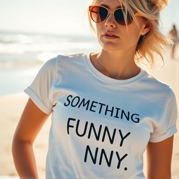 write something funny in the tshirt cleavage
séance photo d'une femme blanche portant un T-shirt de style estival, coiffure décontractée, lunettes de soleil tendance, sur fond de plage ensoleillée