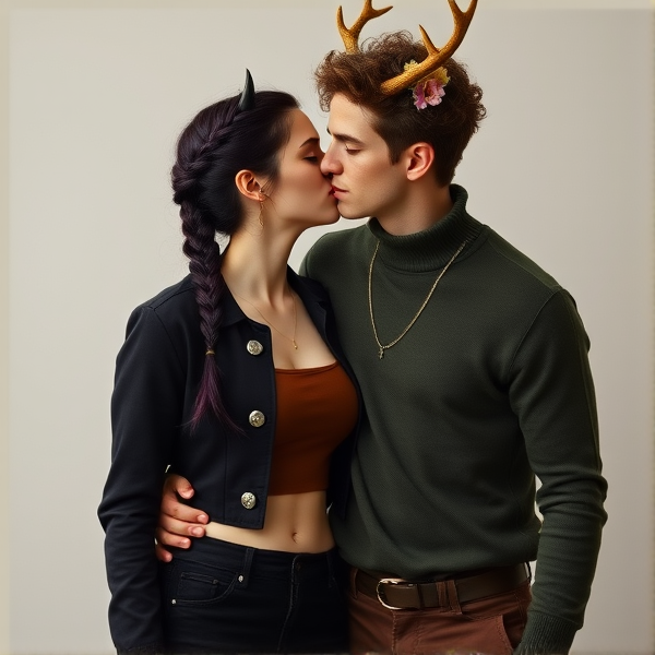 A woman with fair skin and dark dark purple hair braided into a single braid. She has small black horns that barely poke out past her hair. She has a gold necklace. She wears a cropped black jacket with silver buttons, a brown crop top underneath, and high waist black pants. Next to her is a pale skinned man, slightly taller than her, with short brown very curly hair. He has deer antlers with flowers on then and a deer nose. He has a silver necklace. He wears a green turtleneck and brown pants. They are in love, hugging one another, almost kissing