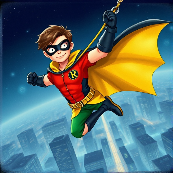 Movie Scene: A medium, preteen 12-year old boy with light skin and dark brown hair named Connor Bardley, but dressed as Robin, The Boy Wonder, with an extremely muscular body, a sleek green suit with a red torso with a black circle with a yellow R symbol on his left pectoral, a gold utility belt, black boots, black long-cuffed gloves, a big, heel-length, ultra-wide collared cape that's black on the outside and yellow on the inside, and a black eye mask, swinging from the rope of his grappling hook over the city at night, ready to fight crime and save the day.