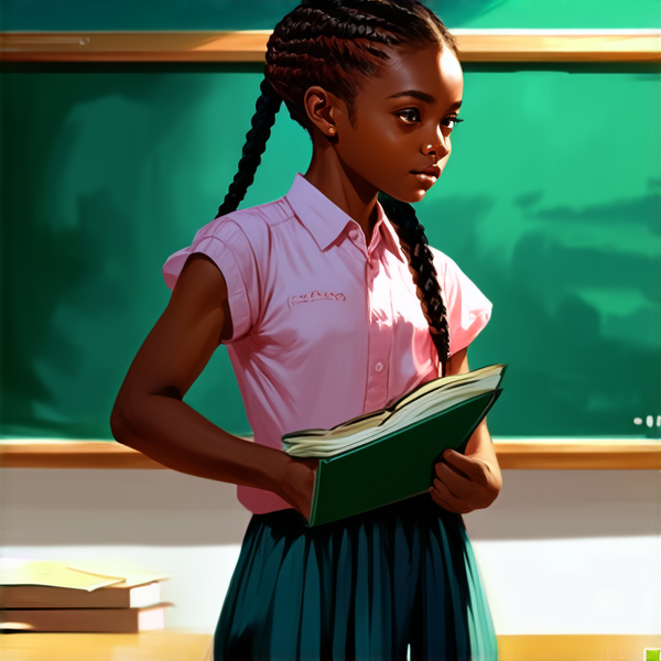 A 10-year-old African girl with intricate braided hair, standing confidently in a vibrant classroom environment, holding notebooks in her hands while facing a chalkboard filled with educational content