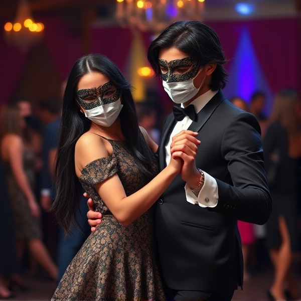 Fille 16 ans Cheveux noir longs cheveux entre boucles et ondulés et garçon 16 ans 
Cheveux court lisses noirs entrain de danser ensemble à un bal masquée style réaliste avec des masques qui cachent que les yeux. Le garçon a les cheveux longs  et l’image est droite avec pleins de gens autour qui dansent également