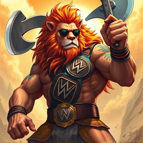 Un Lion barbare dieux du soleil une hache, avec des poils de lion et une carrure imposante et avec la ceinture de la wwe le catcheur et ces lunettes de soleil, il a un tatoo sur le bras écris YEAH!