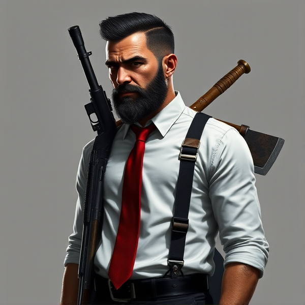 Create an intricately detailed, full-body portrait of John Abraham Marston, the epitome of a rugged, elite operative. His hair is a sharp, jet-black military cut, complemented by a precisely shaped beard along his jawline that underscores his stoic endurance. An advanced tactical eyepatch conceals his left eye, with a deep scar below it marking a history of intense combat and partial sight loss. Exuding an effortless command presence, he stands in a tailored white shirt tucked into sleek black trousers supported by glossy leather suspenders. A striking red tie provides a dash of vibrancy to his attire. The outfit is completed with an elegant black blazer tailored with hidden Kevlar lining for unobtrusive protection – indicative of the perilous nature of his profession. Polished dress shoes convey the gravity of his role. John Marston's readiness for confrontation is apparent through the Desert Eagle featuring a black and custom green laser sights for unrivaled precision. Crossed on his back are his trusted melee weapons: a sharp katana and a heavy-duty fireman's axe representing his preparedness for close-quarters battle. These details reflect his dedication to "the agency," tasked with clandestine operations even as he copes silently with alcoholism to dull the edge of PTSD from past service encounters. Visible on his left arm are sophisticated cybernetic implants – remnants of former experimental augmentations