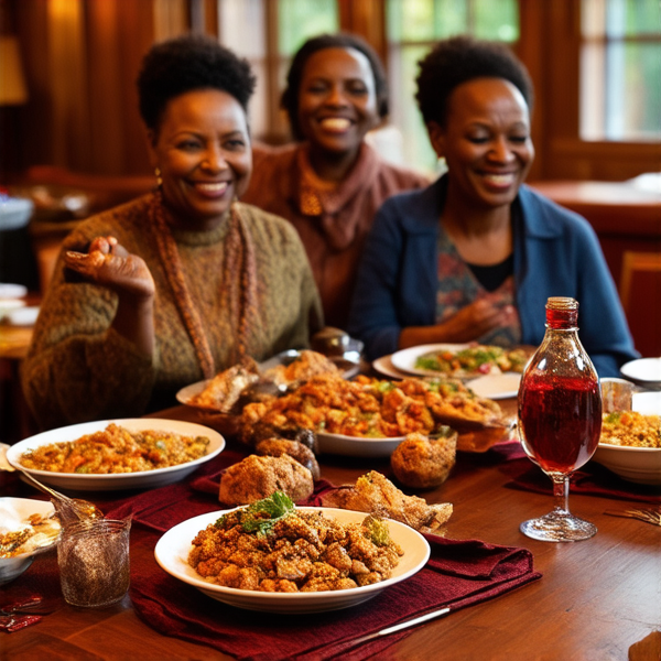 Repas familial africain joyeux, avec des rires et échanges chaleureux autour d'une vaste table en bois garnie d'une riche variété de plats traditionnels 'soul food'. Plusieurs générations de la famille sont présentes, savourant ce moment de partage dans une salle à manger lumineuse et festive, spécialement décorée pour l'occasion