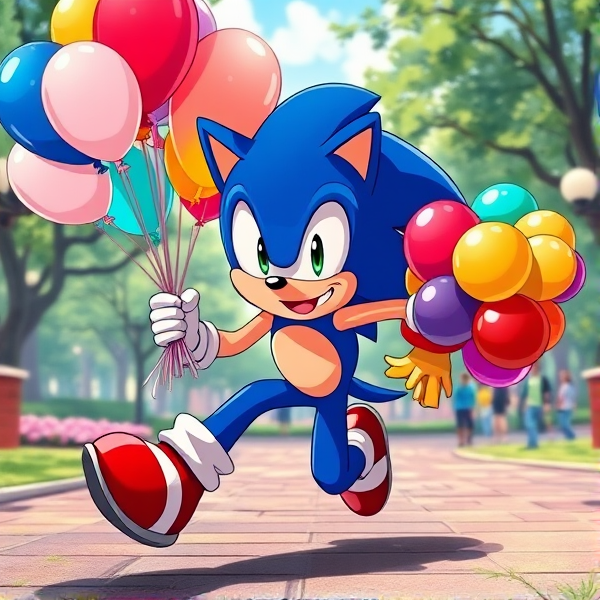 Sonic the Hedgehog in dynamic running pose, clutching a vibrant bouquet of assorted 16-inch balloons, set against the backdrop of a lively park scene, rendered in vivid anime style