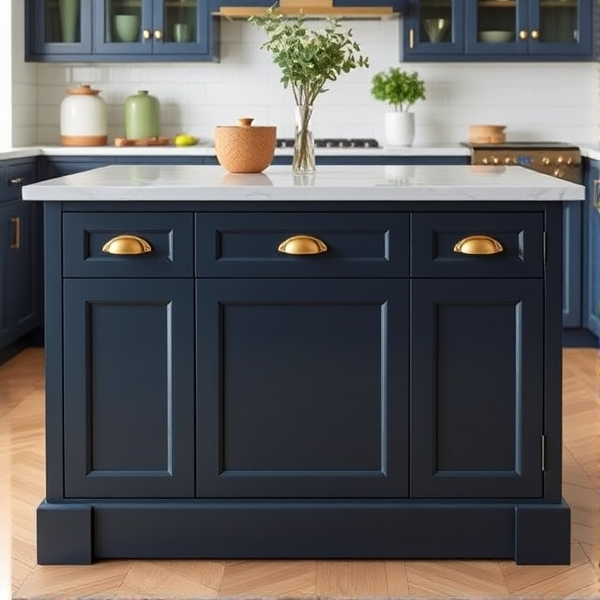 front view navy kitchen island with gold handles