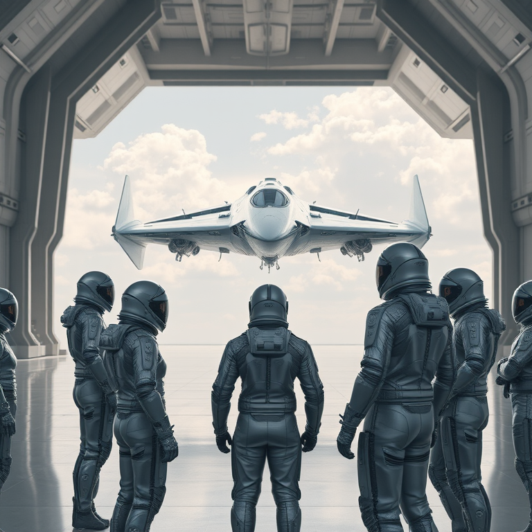 several photorealistic futuristic men and women, wearing reflective space suits with no helmets, their faces are hyper-detailed and realistic. They stand in a vast hall with a wide open entrance. The people are talking to eachother with giant spacecraft arranged in a row in the hangar. A vast alien ship floats in the sky outside the hangar, sleek,