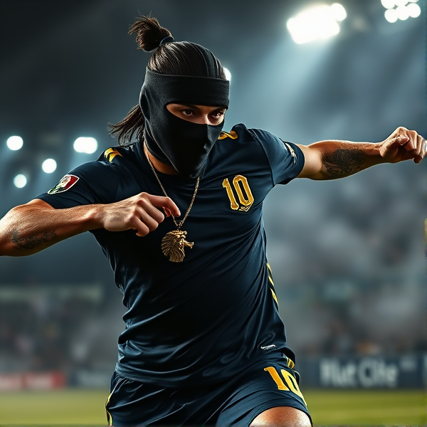 Zlatan Ibrahimovic capturé en plein élan, déchaînant un tir puissant du pied droit dans un match de football nocturne, ses muscles saillants et tendus mis en exergue par un éclairage dramatique qui sculpte son corps avec des ombres marquées et des lumières vives contrastantes. Il porte un masque de ski noir au fini métallique qui accentue son regard intense. Une chaîne dorée ornée d'un pendentif représentant le lion suédois repose sur sa poitrine athlétique, tandis qu'une bague en or sertie d'un joyau lumineux brille à son doigt. Une brume épaisse enveloppe mystérieusement le terrain, alors que des projecteurs percent la pénombre pour révéler des spectateurs flous en arrière-plan. Le numéro 10 se détache avec éclat sur son maillot aux couleurs de la Suède - bleu et jaune - symbolisant sa fierté nationale. En position dominante tel un prédateur sur le point d'attaquer, Zlatan impose sa présence aux adversaires invisibles avec assurance et une expression intense de concentration pure. Les tatouages complexifiant ses bras racontent l'histoire de ses triomphes sportifs tandis que ses yeux reflètent une lueur métallique tranchante sous la bienveillance d'une lune argentée qui ajoute une dimension surnaturelle et presque théâtrale à la scène.