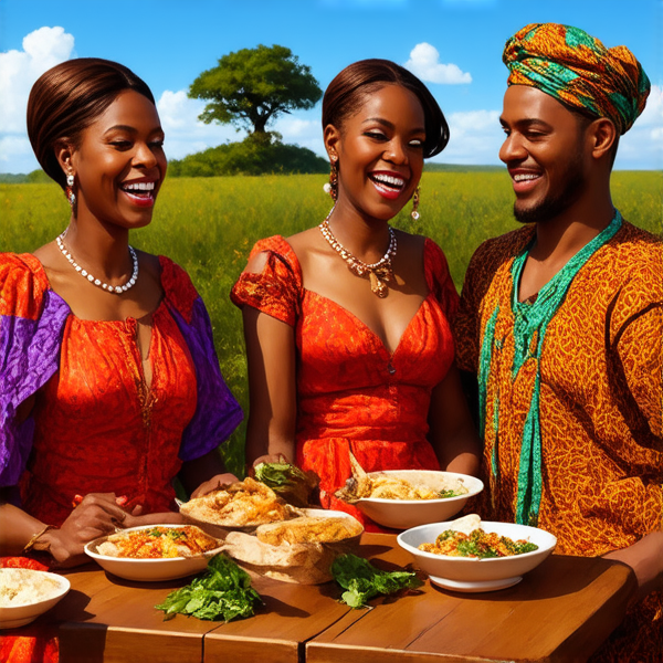 Famille nombreuse souriante réunie autour d'une table rustique en bois garnie de plats traditionnels africains, sous un ciel bleu dans un cadre champêtre avec des arbres et une végétation luxuriante, portant des vêtements africains colorés et variés, échangeant des rires et des conversations chaleureuses